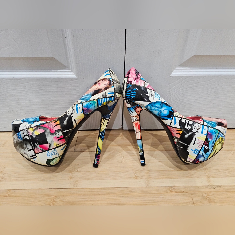 Unique Liliana Magazine Vogue Multi Color Print Platform High Heels Pumps Shoe 9 - Picture 9 of 11